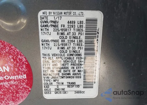 2017 Nissan Rogue Sv из США, поврежденный, VIN JN8AT2MT0HW391689